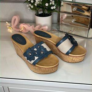 COACH JESACA Platform Cork Wedge Blue Floral Leather Sandals Size 6 1/2